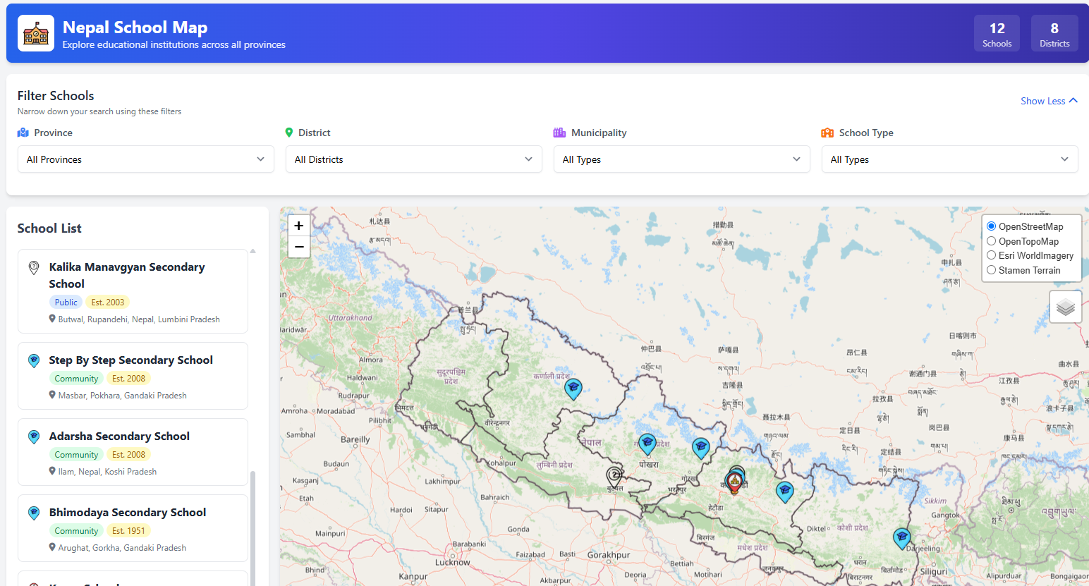 All nepal school in map